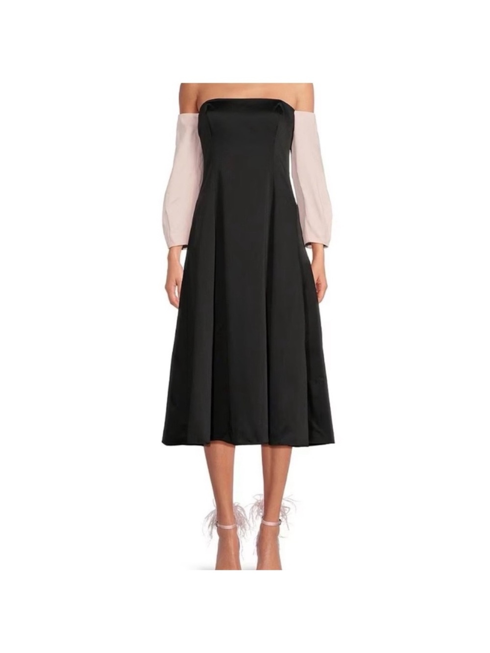 Gianni Bini x Nastia Liukin Black Midi Dress with Pale Pink Off-Shoulder Sleeves
